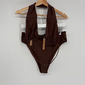 Skims Bikini NWT Halter Top High Waisted Bottoms Cocoa